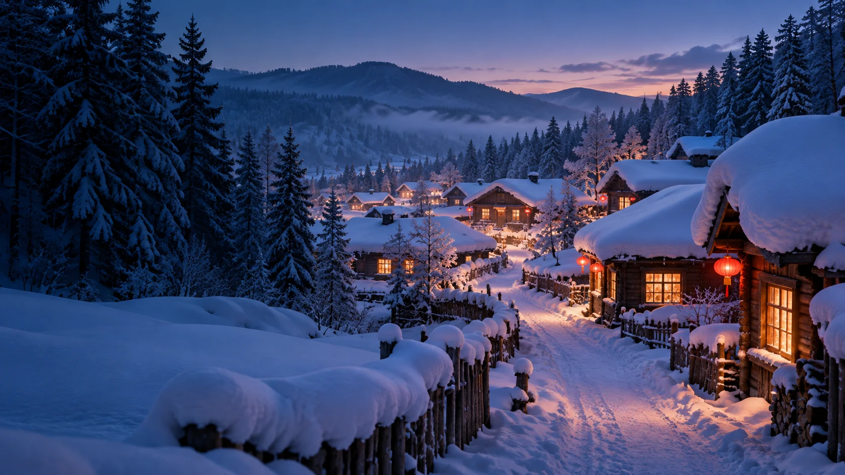 蓝调雪夜里，暖灯照亮林间雪屋的冬日意境